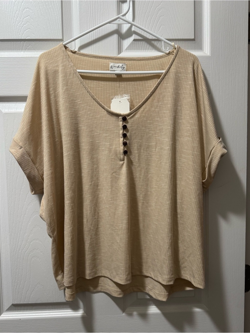 Wonderly Tan Short Sleeve Henley Top with Button Placket